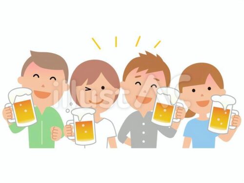 ビールで乾杯している４人の人物イラスト
