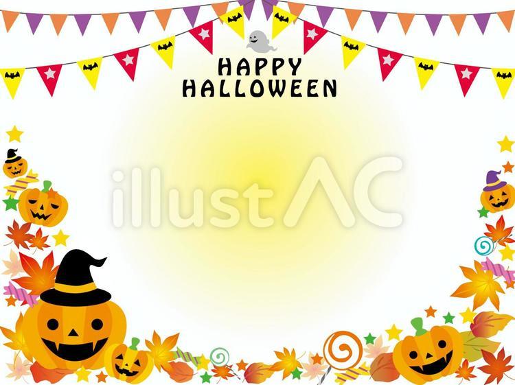 HAPPY　Halloween、ジャック・オー・ランタン、おばけ、音符、カップケーキ、お菓子、キャンディー、ガーランド、フラッグ、クッキーのイラスト