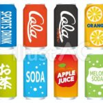 スポーツドリンク、コーラ、コーラゼロ、オレンジジュース、お茶、ソーダ、アップルジュース、メロンソーダの缶のイラスト