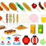 フランクフルト、アメリカンドッグ、きゅうり、焼きとうもろこし、りんご飴、チョコバナナ、いかの姿焼き、焼き鳥、わたあめ、生ビール、缶ビール、おこのみやき、たこやき、やきそば、缶ジュース、、かき氷（ストロベリー、レモン、ブルーハワイ）かき氷のタペストリー、ちょうちん、ヨーヨーのイラスト