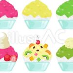 いちご味のかき氷、メロン味のかき氷、しろくま、抹茶のかき氷