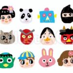 お面。パンダ、ロボット、忍者、ねこ、おかめ、鬼、かっぱ、男の子、うさぎ、女の子のお面