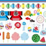 ちょうちん、背中にまつりと書かれたはっぴ、ひまわり、金魚すくい、花火、りんごあめ、フランクフルト、いかやき、わたあめ、すいか、
