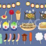 ちょうちん、りんごあめ、やきそば、お好み焼き、かき氷、たこやき、じゃがバター、ラムネ、チョコバナナ、いかやき、フランクフルト、わたあめのイラスト