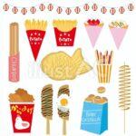 チュロス、フライドポテト、クレープ、たいやき、さつまいもフライ、からあげ、はしまき、ベビーカステラ、ツイストポテトのイラスト