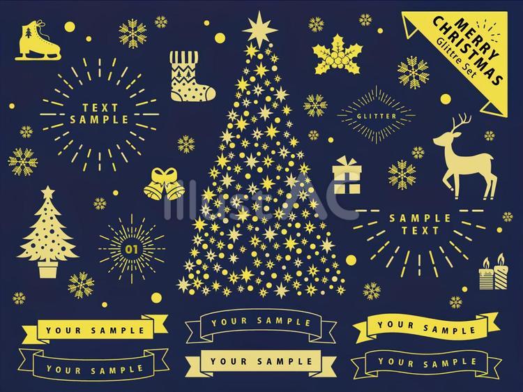 Merry Christmas,ツリー,ジングルベル,トナカイ,ネイビーとゴールドカラーのシルエット調フリー素材