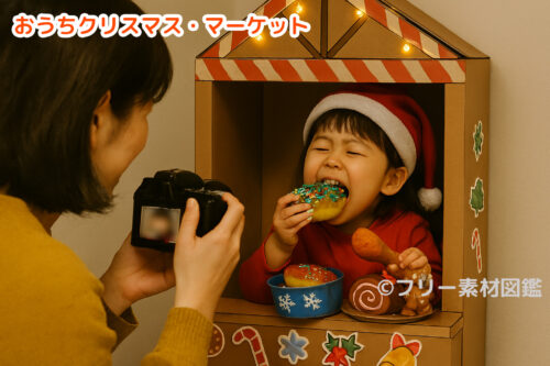 クリスマスマーケットごっこをする親子。ダンボール製の屋台に入ってスイーツを食べる子供と、その姿を写真に収める母親。背景には「おうちクリスマス・マーケット」の文字。