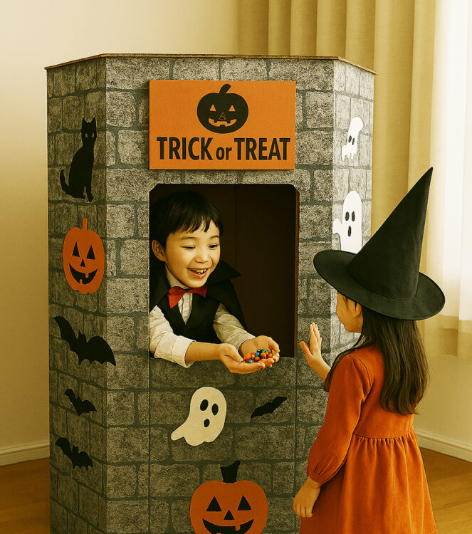 子どもたちがハロウィンのドラキュラ城で遊んでいる様子。窓からお菓子を渡している男の子と魔女の仮装をした女の子。