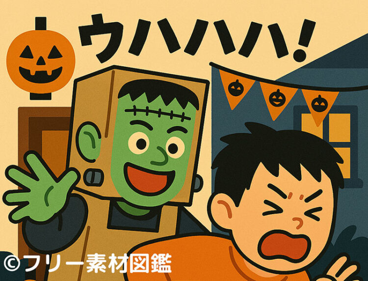 ハロウィンの装飾を背景に、フランケンシュタインのコスチュームを着たパパが笑顔で手を振り、驚いている子どもが叫んでいるイラスト。
