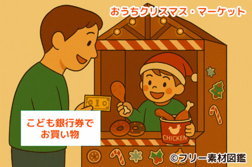 おうちクリスマスマーケットで、こども銀行券を使ってフライドチキンとドーナツのお買い物ごっこをする親子(大人と子供)のイラスト。