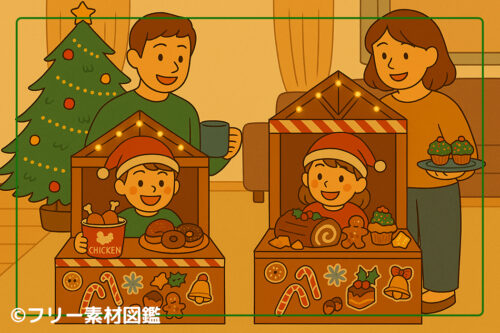 暖かい室内で「おうちクリスマスマーケット」を楽しむ家族のイラスト。手作りのダンボールのヒュッテに入った男の子と女の子が店員さんになりきり、フライドチキンのバケツやドーナツ、ブッシュ・ド・ノエルなどのおもちゃや食べ物を並べている。ヒュッテにはクリスマスモチーフのステッカーが貼られ電飾が輝いている。背後では両親がにこやかに見守り、室内にはクリスマスツリーが飾られている。